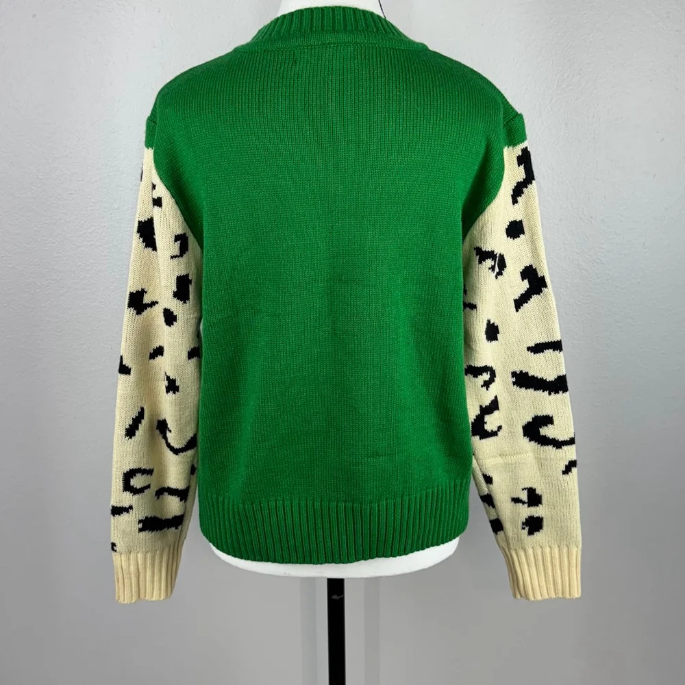 Angashion Womens Medium Green Animal Leopard Print Crew Neck Pullover Sweater - Picture 5 of 14